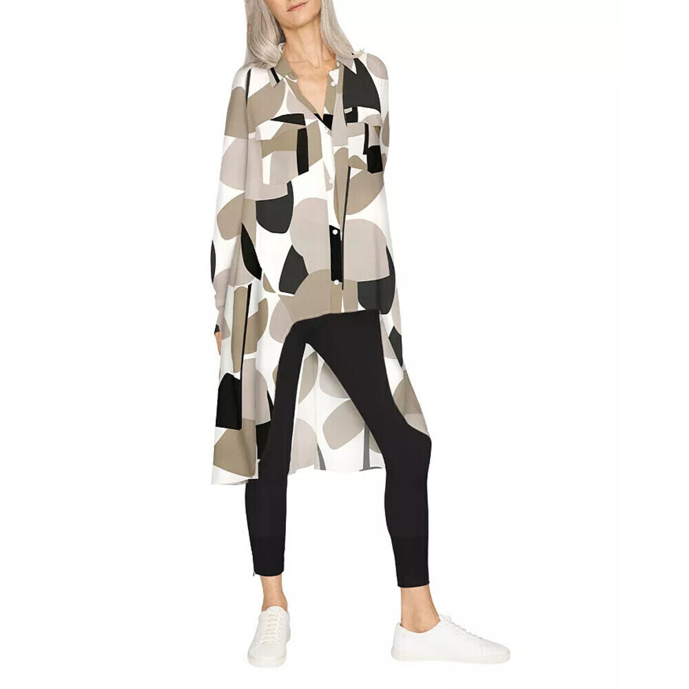 B New York women's High Low Long Blouse In Black/Ivory Geo Print $140 Size M